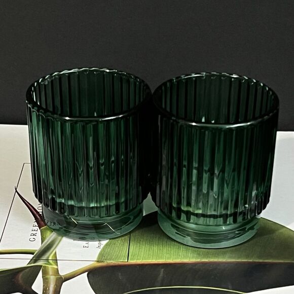 Ribbed Glass Votive Candle Holder Set of 4 Emerald Green Round Holiday Decor - Picture 4 of 17